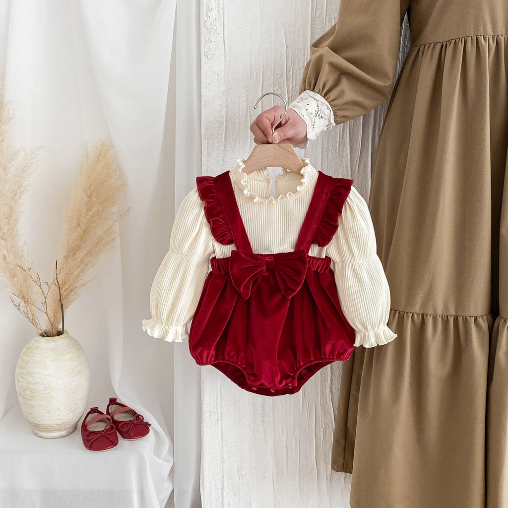 ทารกแรกเกิดเด็กกํามะหยี่สีแดงโบว์ใหญ่เจ้าหญิง ชุดรอมเปอร์ เสื้อผ้าเด็กผู้หญิง