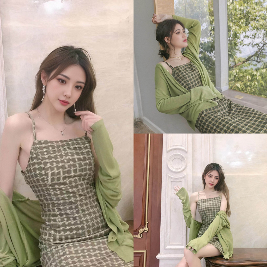 4. มินิเดรสสายเดี่ยวลายสก็อตสีเขียว ชุดเดรสน่ารักพร้อมส่ง ใส่แล้วไม่ร้อน เย็นสบายตลอดวัน