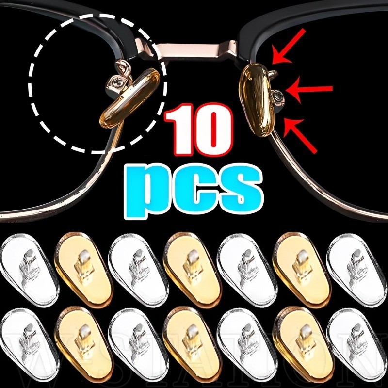 10 ชิ้นซิลิโคน Gold-Covered Silver แว่นตาแผ่นรองจมูก - Anti-Drop, Non, Soft Nosepieces - ที่ถอดออกได้ - รูปไข่ Air Cushion Nosepads - อุปกรณ์เปลี่ยนแว่นตา