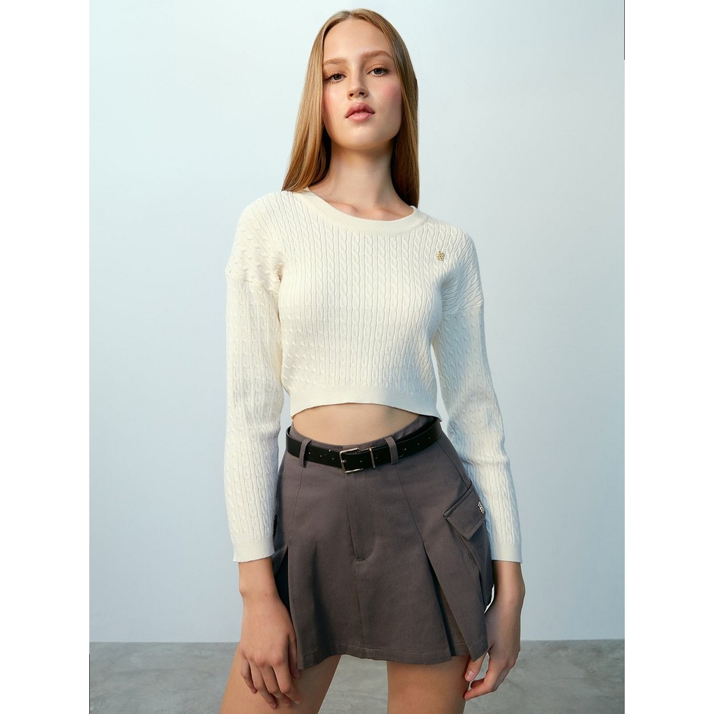 [Pomelo] เสื้อสเวตเตอร์ไหมพรมลายถัก / Cable Knit Cropped Sweatshirt