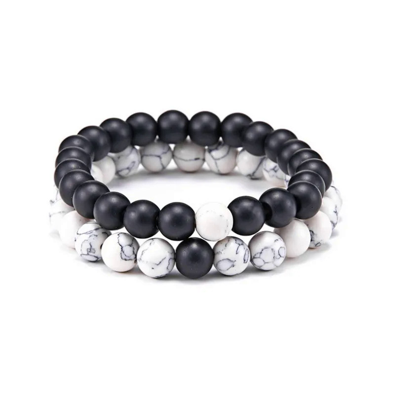 2 Pcs/Set Couples Distance Bracelet Classic White and Black Natural Stone Yin Yang Beaded Bracelets 