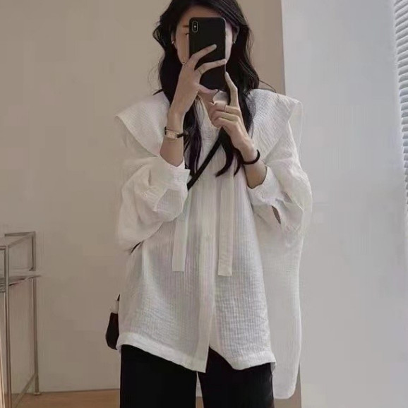 PKB2927 เชิ้ตสาวอวบ (อก50+) เชิ้ตอกใหญ่สีขาวและดำคอปกผูกโบว์สไตล์เกาหลี ผ้าฝ้ายแขนยาว พร้อมส่ง