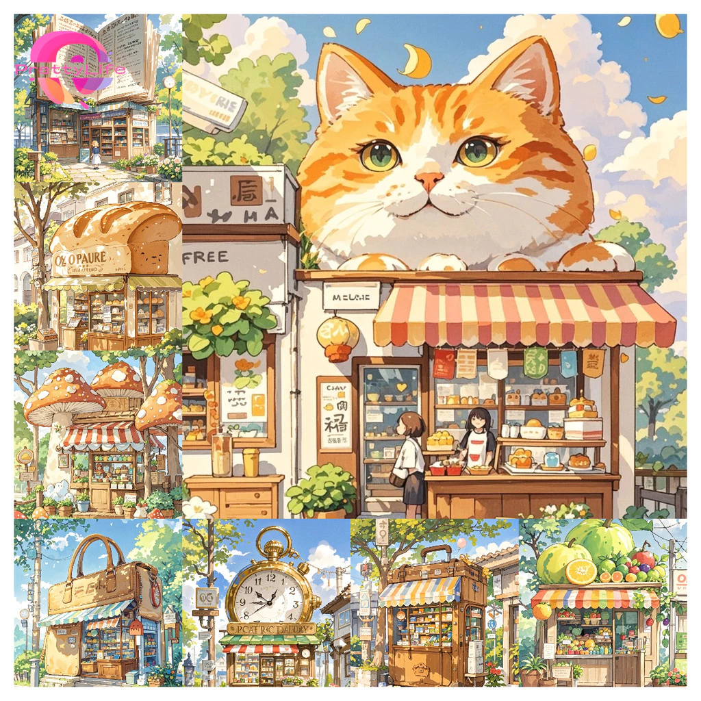 Pl Healing Fairy Tale Town 5D DIY เพชรทาสีคริสตัลรอบฝังเพชรชุดเพชรน้ําภาพวาดตกแต่งบ้าน 30x40 ซม.