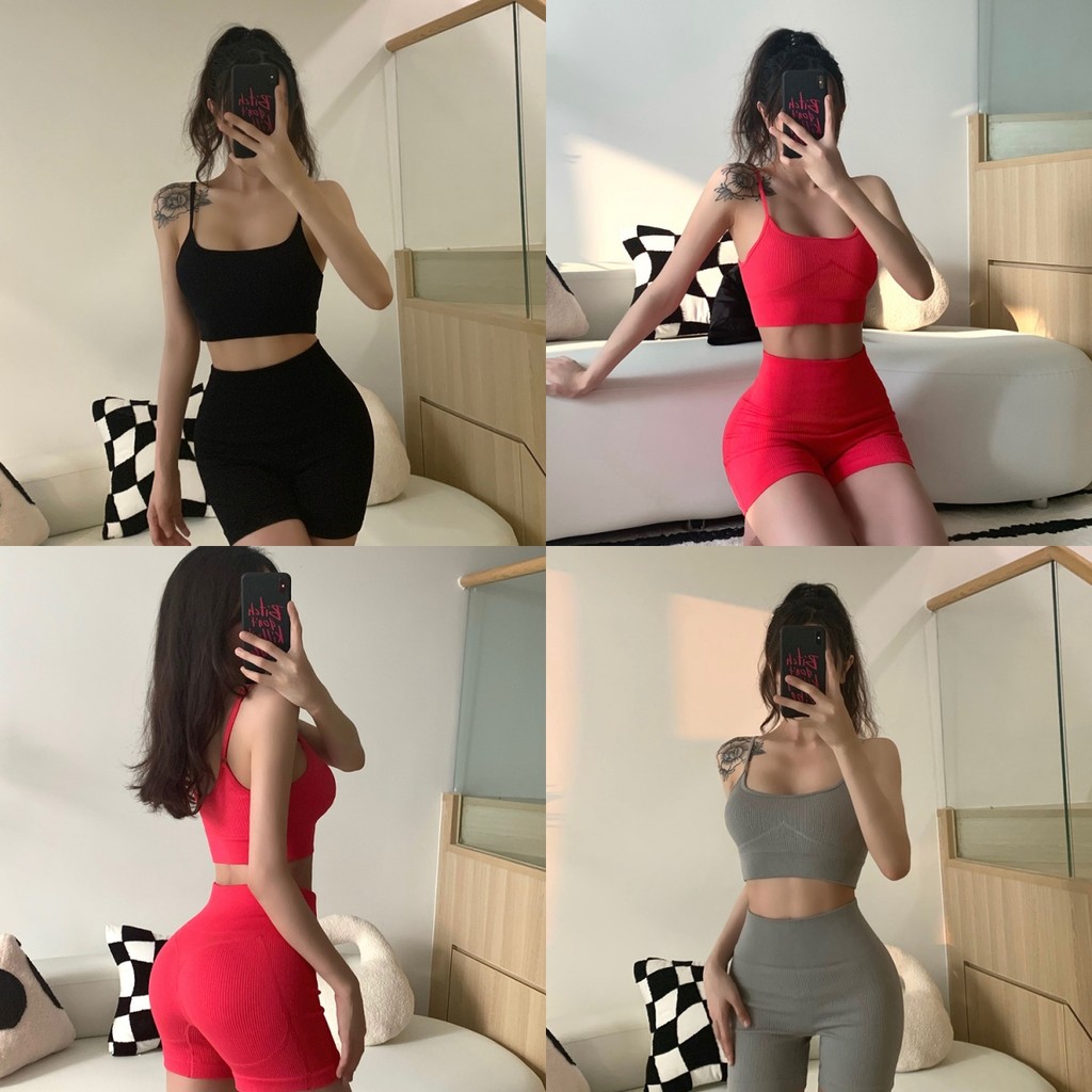 Evelyn ​ชุดออกกําลังกายผู้หญิงน่ารักสุดๆ สายเดี่ยว สปอร์ตบรา กางเกงขาสั้น ชุดโยคะ ชุดเซทสปอร์ตบราผู้หญิง#FY7581