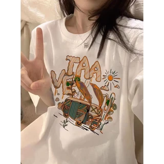 COD✅ (จัดส่งในกรุงเทพฯ) MAO Shop Printed T-shirt，เสื้อยืดพิมพ์ลายการ์ตูนรถบัสสีน้ําตาลอเมริกัน oversize #53964