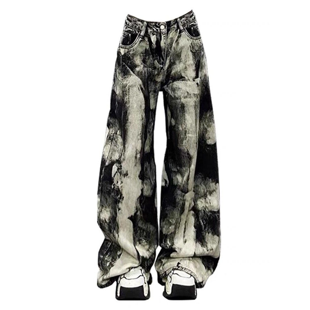 ไขมัน mm อเมริกันย้อนยุคที่ไม่ซ้ํากัน Tie-Dye Drape กางเกงยีนส์ผู้หญิง Plus ขนาดฤดูใบไม้ร่วง Street หลวม Slimmer ดูร้อยกว้าง-Le
