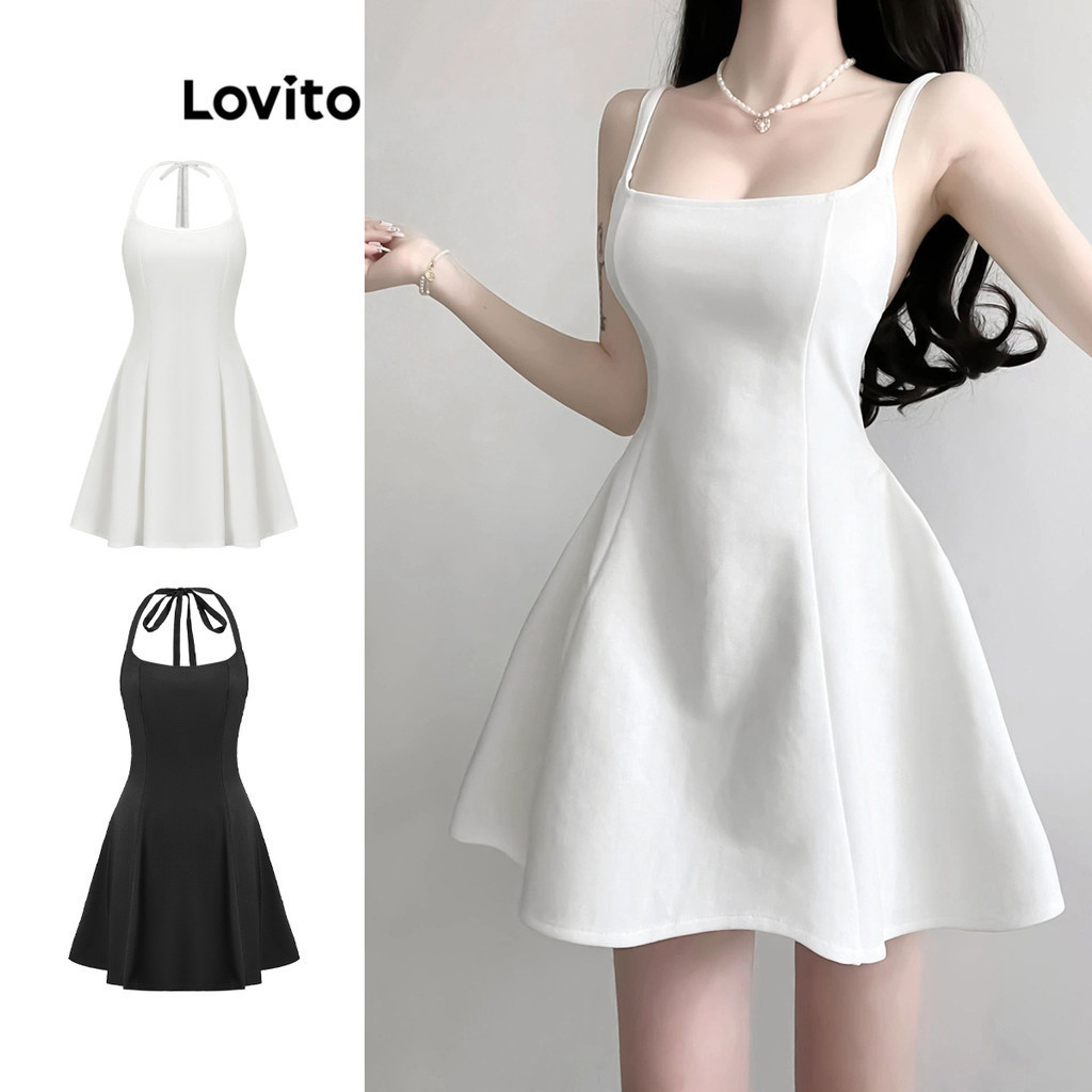 ซื้อ Lovito ชุดเดรสผู้หญิง ทรงเอ แบบผูกหลัง สีพื้น สไตล์หรูหรา  L80ED313