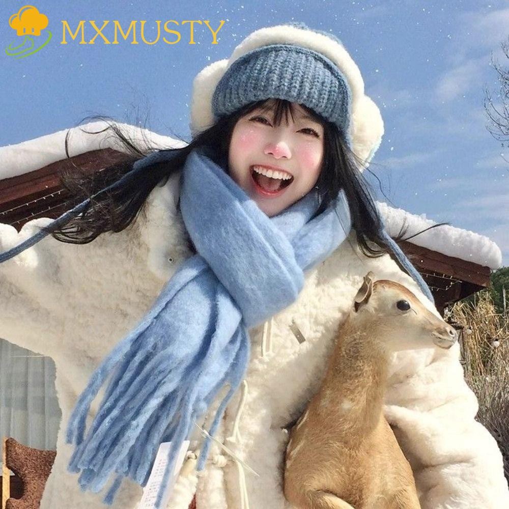 Mxmusty ผ้าพันคอแคชเมียร์ฤดูหนาว, กันลม สไตล์เกาหลียาวขนสัตว์พู่ผ้าพันคอ,แฟชั่นกลางแจ้งข้นนุ่มแคชเมียร์ผ้าคลุมไหล่สาว