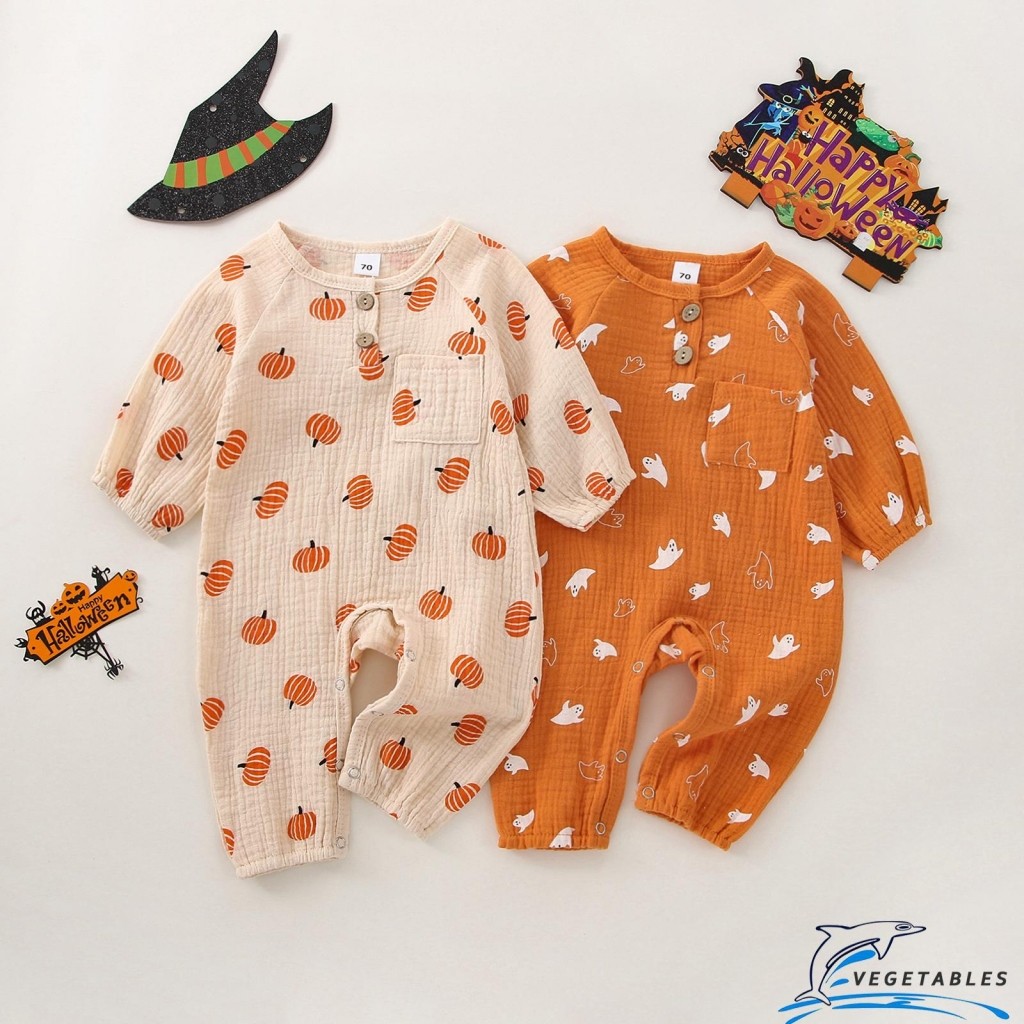 Zhy-toddler Girls Halloween Casual Jumpsuit แขนยาว O คอ Ghost/ฟักทองพิมพ์ปุ่ม Romper