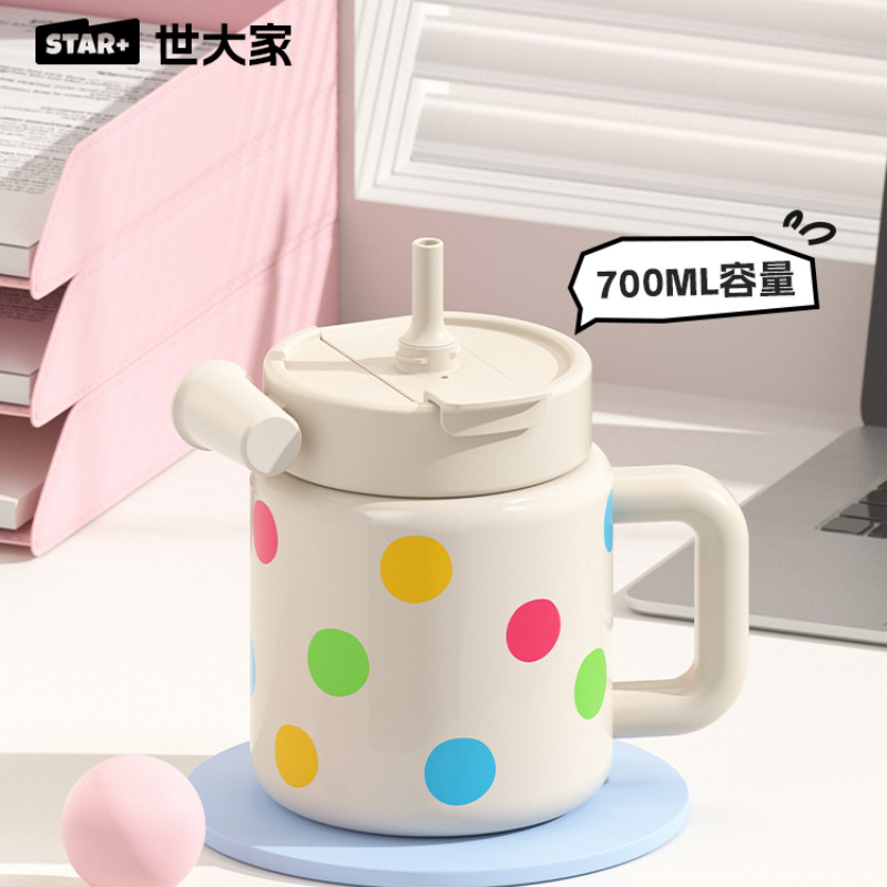 【LUCKY】STAR+ ถ้วยเก็บความร้อน ซับเคลือบเซรามิก สแตนเลส 316 มีหลอด หูจับ ที่กรองชา ความจุขนาดใหญ่ ถ้วยน้ำตั้งโต๊ะ ถ้วยกาแฟหุ้มฉนวน ขนาด 700มล.