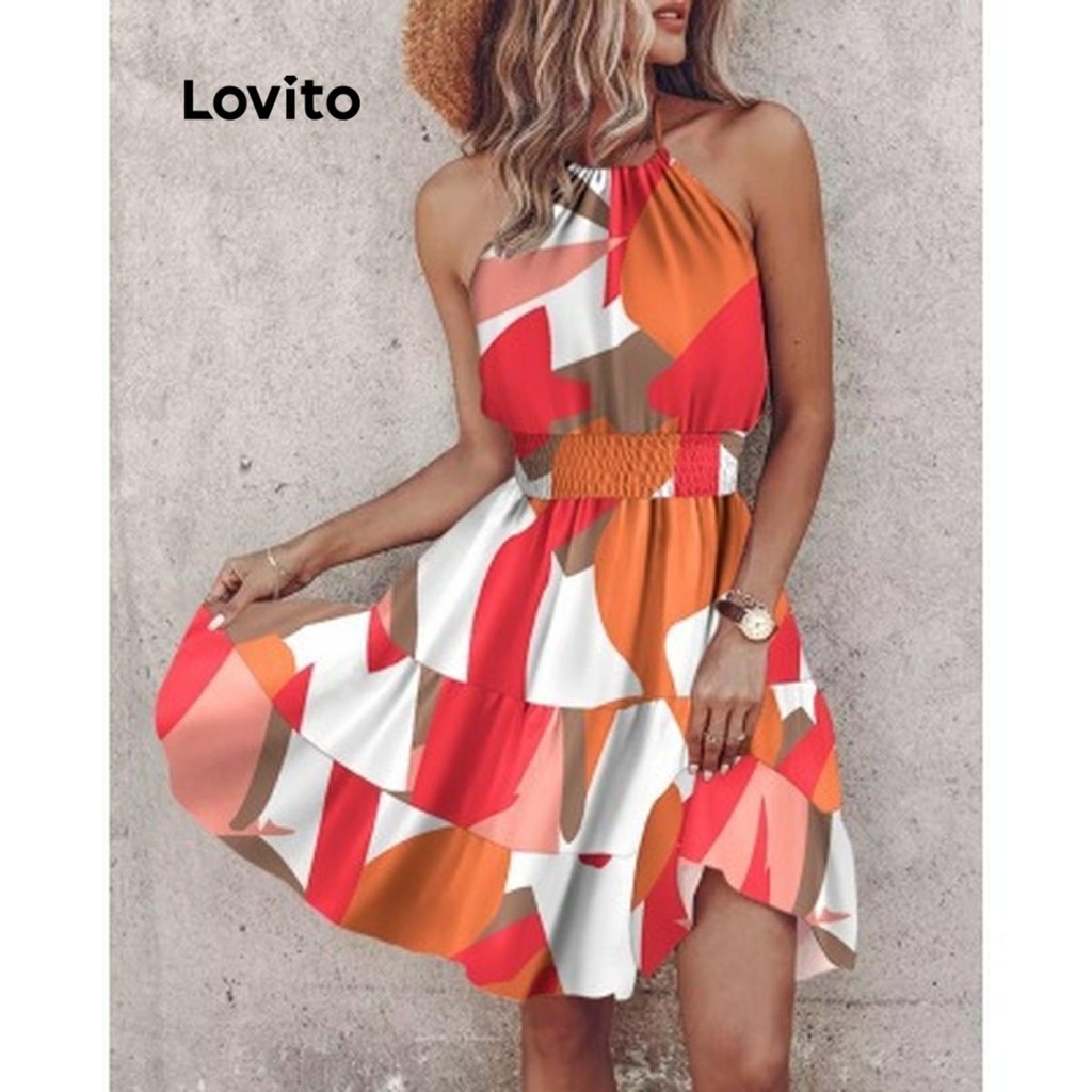 Lovito ชุดสม็อคลายเรขาคณิตลำลองสำหรับผู้หญิง LNL79253