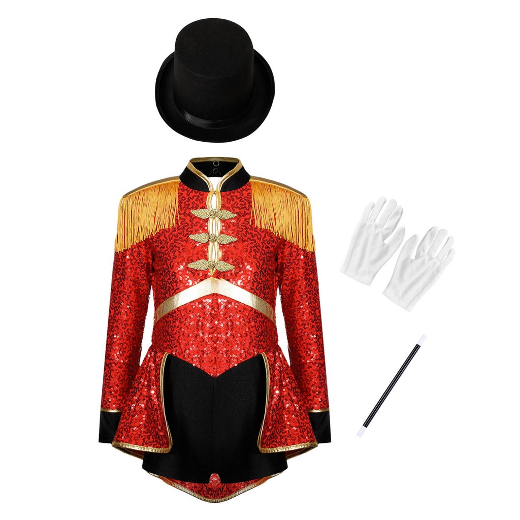 เด็กสาวละครสัตว์ Ringmaster เครื่องแต่งกายฮาโลวีน Carnival Party Magician คอสเพลย์แต่งตัวเลื่อมบอดี้สูทกับ Magic หมวกถุงมือ Wand