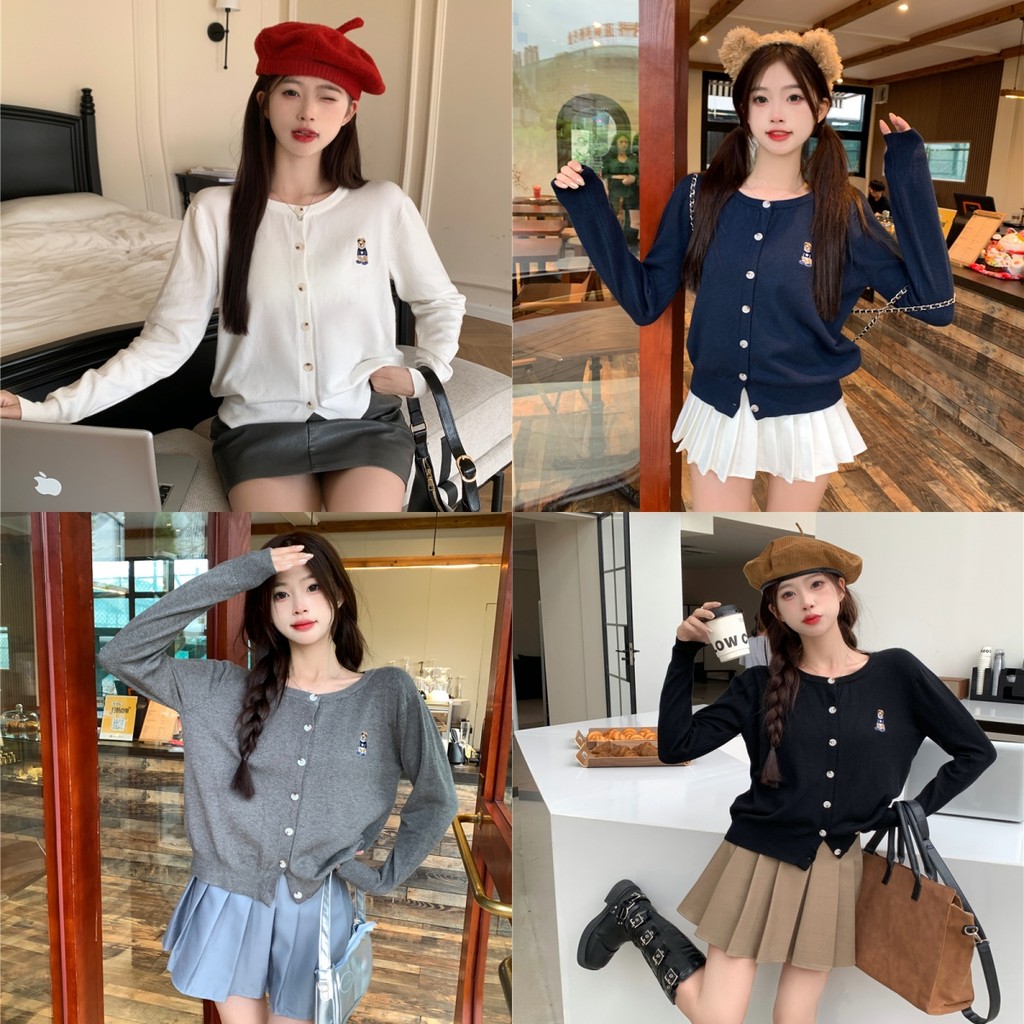 🍑Evelyn🍑​เสื้อคลุมไหมพรมแขนยาวน่ารัก คอกลม ปักลายหมี คาร์ดิแกน ผู้หญิง สไตล์เกาหลี ใส่สบาย