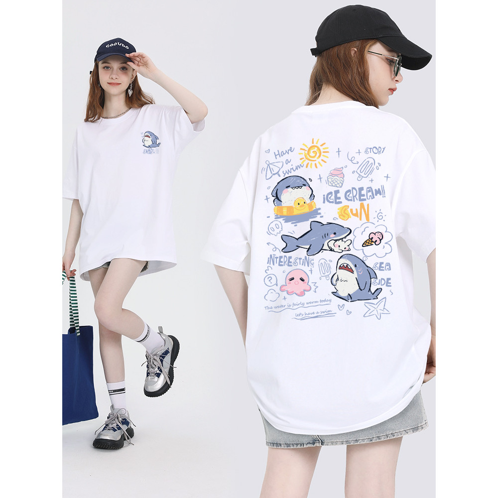 COD✅ (จัดส่งในกรุงเทพฯ) MAO Shop เสื้อยืดพิมพ์ฉลามน้อยน่ารักการ์ตูนผ้าฝ้ายที่เรียบง่าย oversize เสื้อยืด S-3XL #54331 – โปรปัง