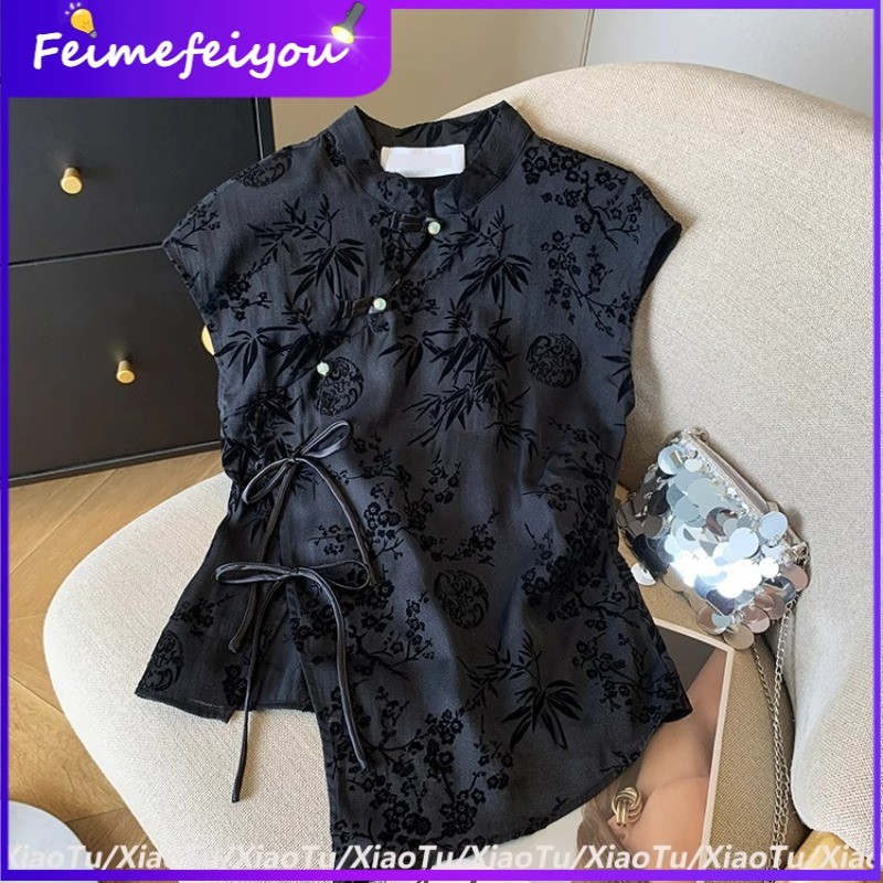 [ภาพถ่ายจริง] ใหม่สไตล์จีนวินเทจสีดํา ผ้าแจ็คการ์ด สแควร์ไหล่เสื้อแขนกุดผู้หญิง