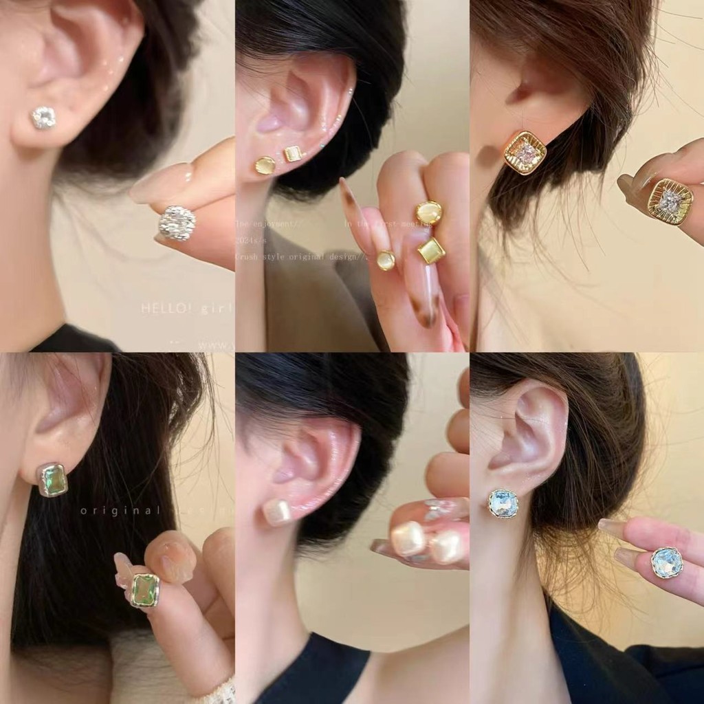 ต่างหูเกาหลีมินิต่างหูสี่เหลี่ยมประณีต 2024 ใหม่