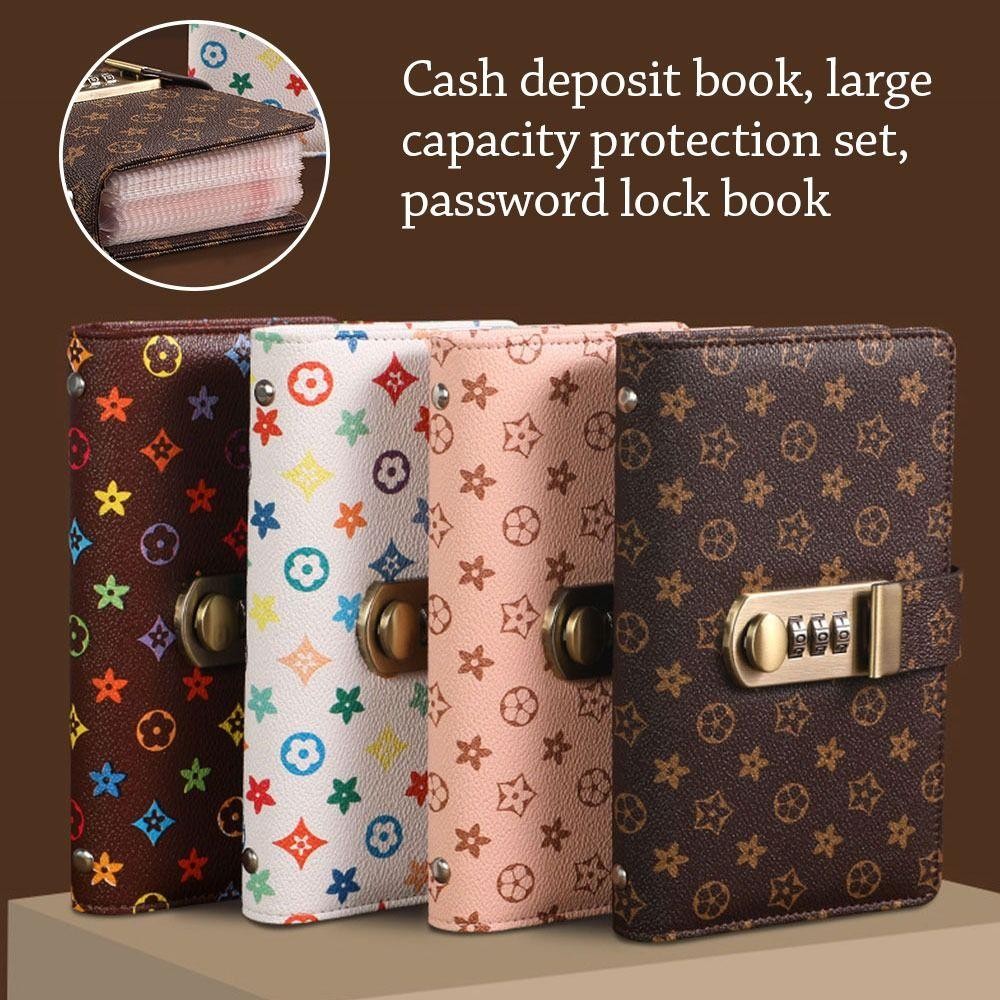 Tainakaritsu 100 ซองประหยัดเงิน Challenge ประหยัดเงิน PU Mini Binder Saving Challenge, กันน้ําความจุขนาดใหญ่พร้อมรหัสผ่านล็อค Saving Challenges แผ่นคู่