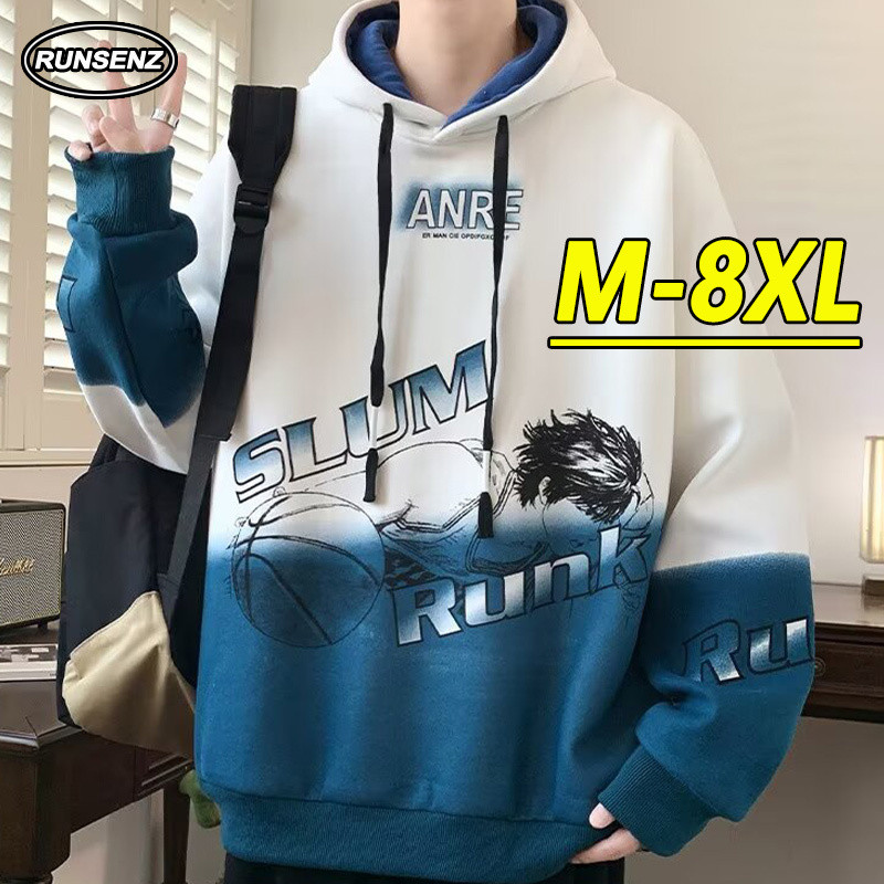 ม-8เอ็กแอล เกาหลีอินเทรนด์สีฟ้าเสื้อยืดผู้ชายขนาดบวกเสื้อกันหนาวหมวกระดับไฮเอนด์สบายๆหลวมคลุมด้วยผ้าเสื้อสวมหัวด้านบน