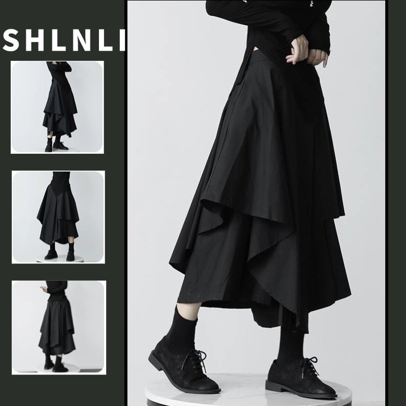 ฤดูใบไม้ผลิฤดูร้อนผู้หญิงโกธิคสีเข้มไม่สม่ําเสมอกระโปรงเอวสูงอเนกประสงค์สีทึบกระโปรงยาวกลาง