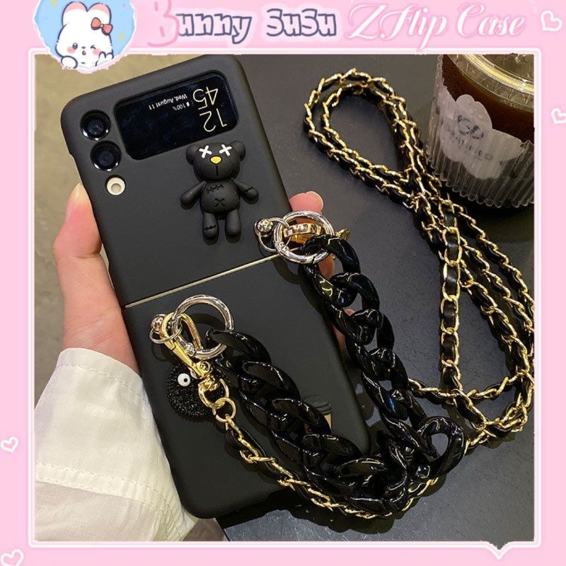 Z Flip 4 - Z Flip 3 - Z Flip3 - Flip4 5G เคสสีดําด้านพร้อมเครื่องรางหมีน่ารักและสายโซ่อะคริลิคส่วนบุ