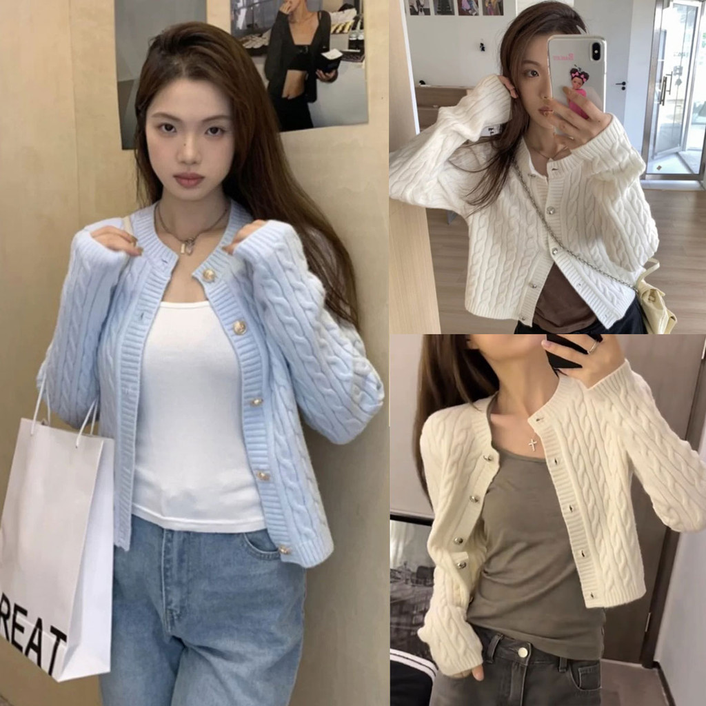 Dahong W041 ไหมพรมแขนยาวครอป เสื้อคาร์ดิแกนไหมพรมแขนยาว กระดุมหน้า กันหนาวเกาหลี
