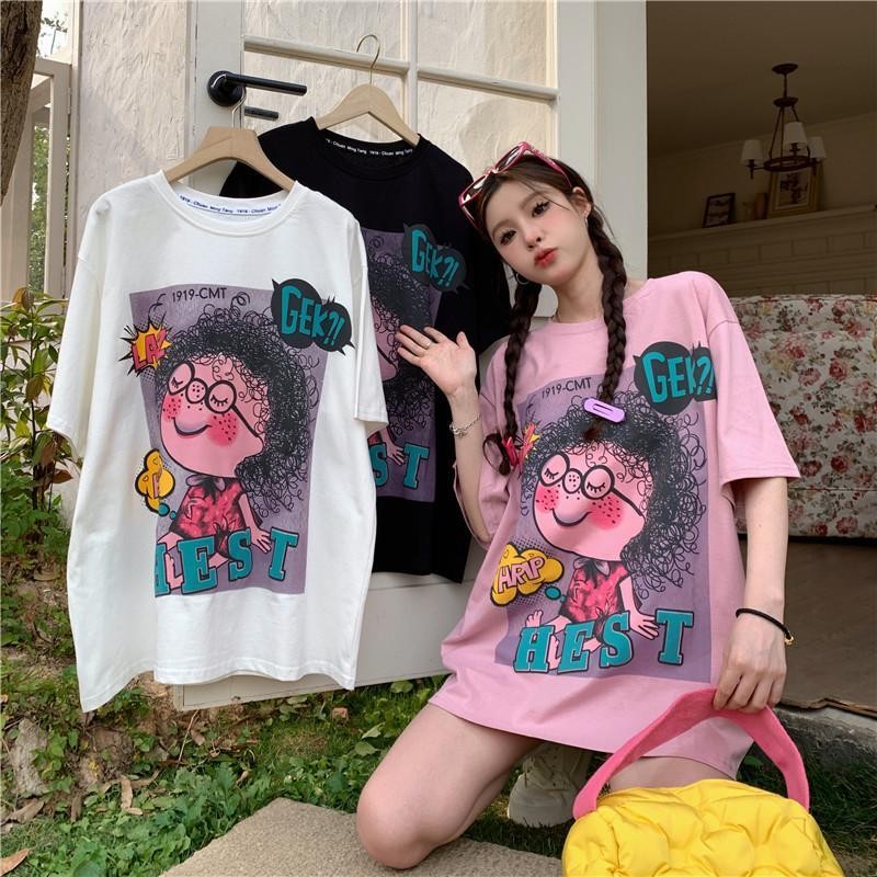 【UT】พร้อมส่ง! เสื้อยืดผู้หญิงโอเวอร์ไซส์เสื้อผ้าสาวอวบแฟชั่น ขนาดใหญ่ หลวม น่ารัก สีชมพู 3xl