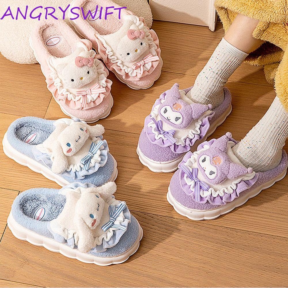 Angryswift รองเท้าแตะปุยฤดูหนาว, Pompom Purin Me Melody รองเท้าแตะตุ๊กตานุ่ม, การ์ตูน KT Cat Kuromi Cinnamoroll รองเท้าแตะขนสัตว์ที่อบอุ่นผู้ใหญ่
