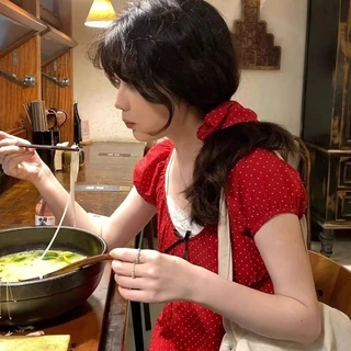 สวยงามจุดสีแดงผูกผมผมหางม้าหัวเชือกจีนสีแดง Scrunchies เครื่องประดับผม