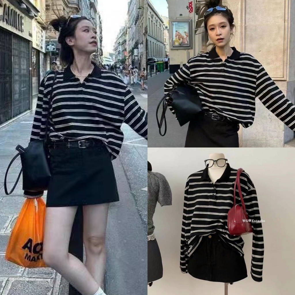 เสื้อแขนยาวคอถ่วง แต่งสายคาด ผ้าดีมาก ทรงเกาหลี ทรงน่ารัก แฟชั่นเกาหลี TAG WG.WE