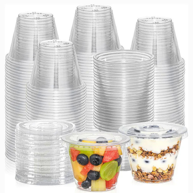 9oz Clear Plastic Cups With Flat Lids No Hole, Disposable Cups for Ice Cream,Pudding,Cake,Snacks Smo