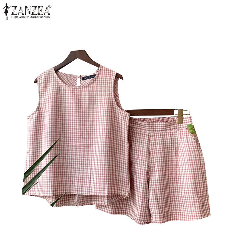 Zanzea ผู้หญิงเกาหลีลําลองคอกลมแขนกุด Colorblocked กระเป๋าลายสก๊อต Tops & กางเกงขาสั้น