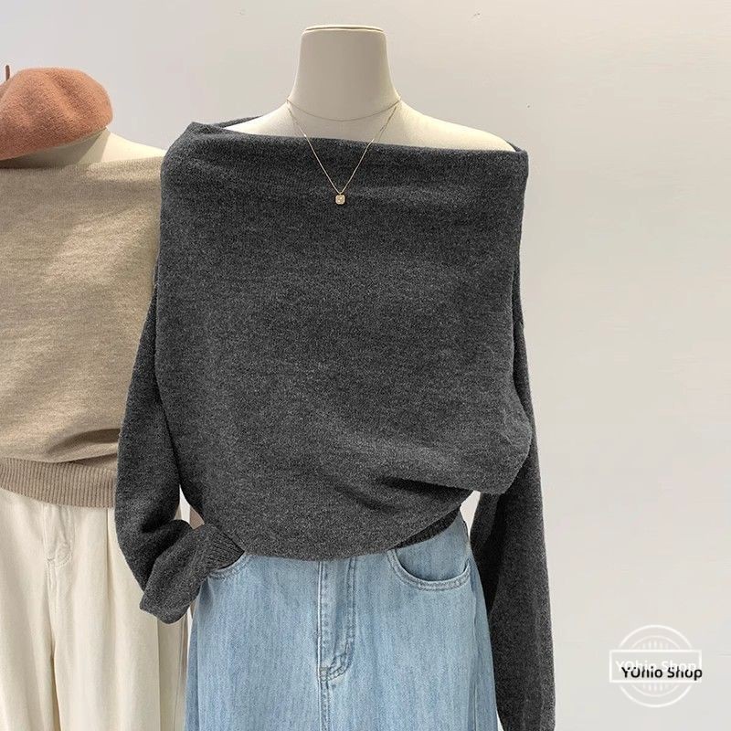 เสื้อสเวตเตอร์ฐานถักทรงหลวมเปิดไหล่สไตล์ฝรั่งเศสสําหรับผู้หญิง