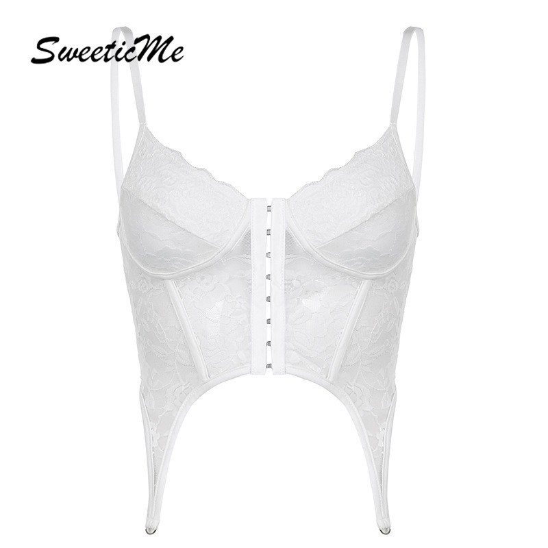 Sweeticme ผู้หญิง 2024 ใหม่แฟชั่นเซ็กซี่ Backless Hollow Slim Fit สีทึบสายลูกไม้ Tank Tops Camisole