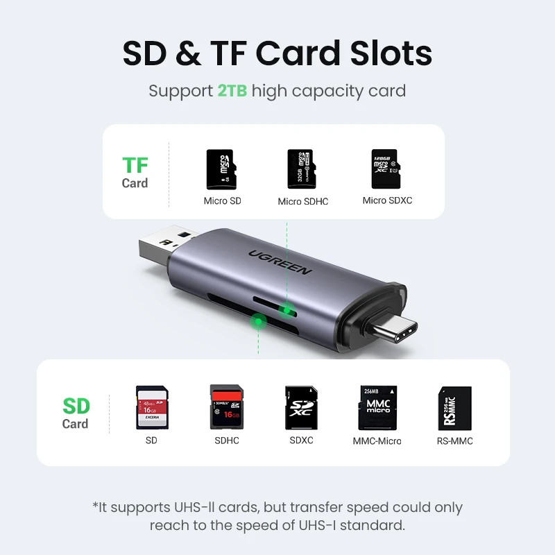 Ugreen เครื่องอ่านการ์ด USB 3.0 และ Type C ถึง SD เครื่องอ่านการ์ด Micro SD TF สําหรับเครื่องอ่านการ์ดหน่วยความจําคอมพิวเตอร์