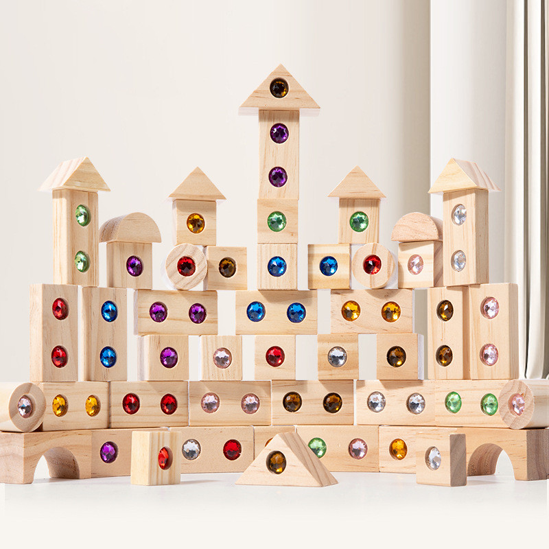 Montessori Wooden Gem Blocks – Color Sorting & Castle Building Set (ไม้ธรรมชาติ)