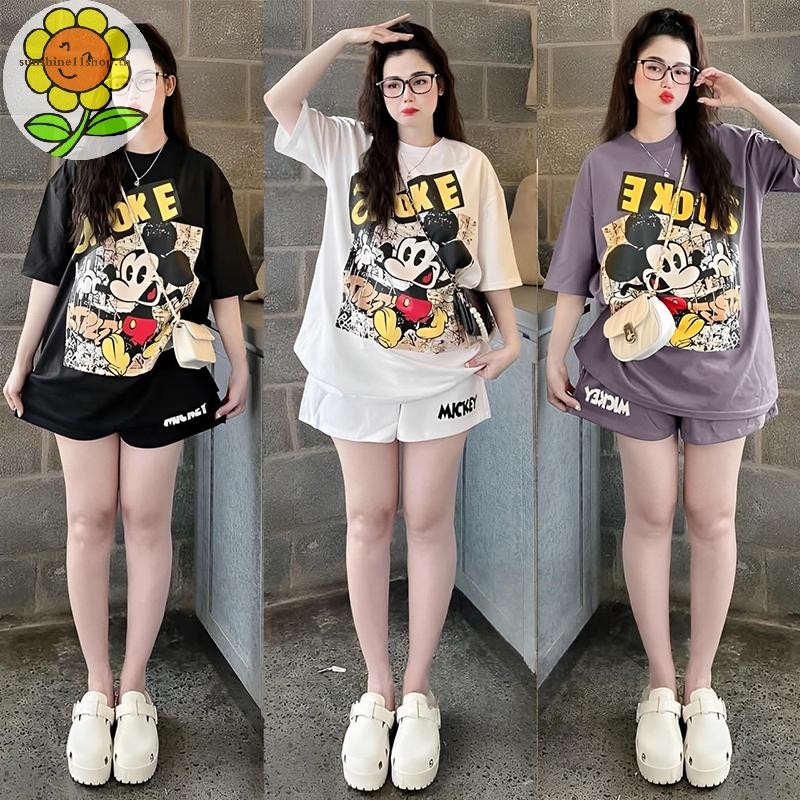 ชุดลำลองสไตล์เกาหลีสำหรับผู้หญิง แขนสั้น กางเกงขาสั้น 2 ชิ้น เหมาะสำหรับฤดูร้อน