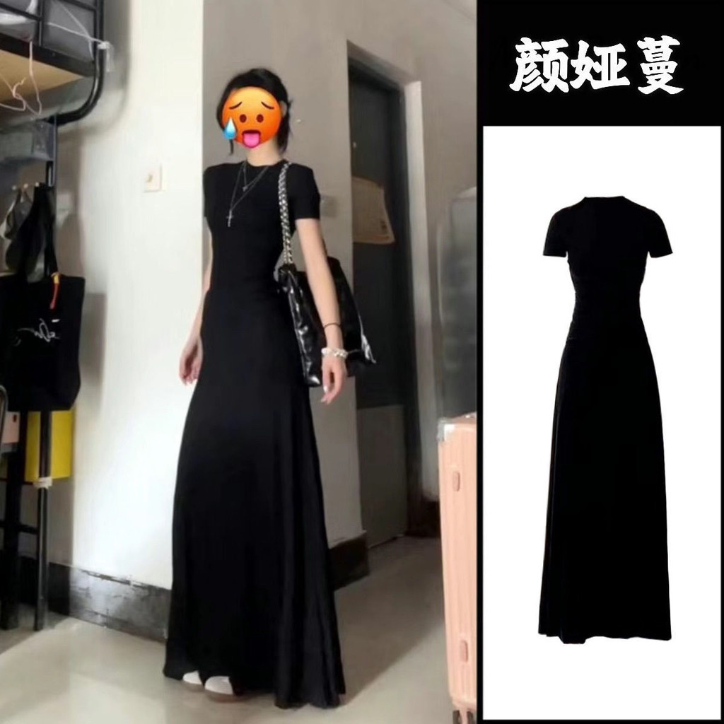 ชุดเดรสแขนสั้นสไตล์ฝรั่งเศส Hepburn สำหรับผู้หญิง ฤดูร้อน ดีไซน์.slim-fit แคบเอวและยาวสกี