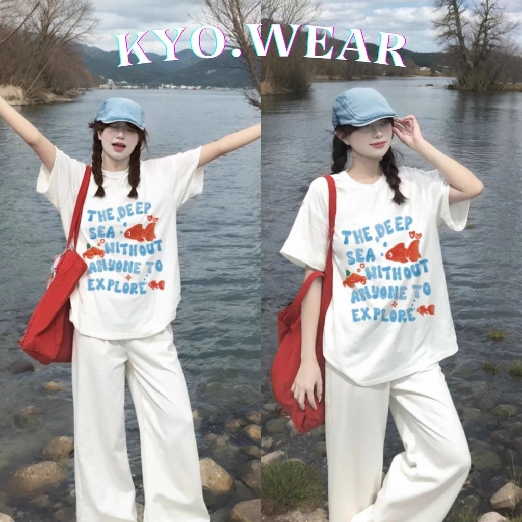 KYO   เสื้อยืดสตรีไซส์ใหญ่ คอกลม  สไตล์เกาหลี Cotton 100% ผ้านุ่มใส่สบาย ใส่ได้ทุกโอกาส “THE DEEP FISH”