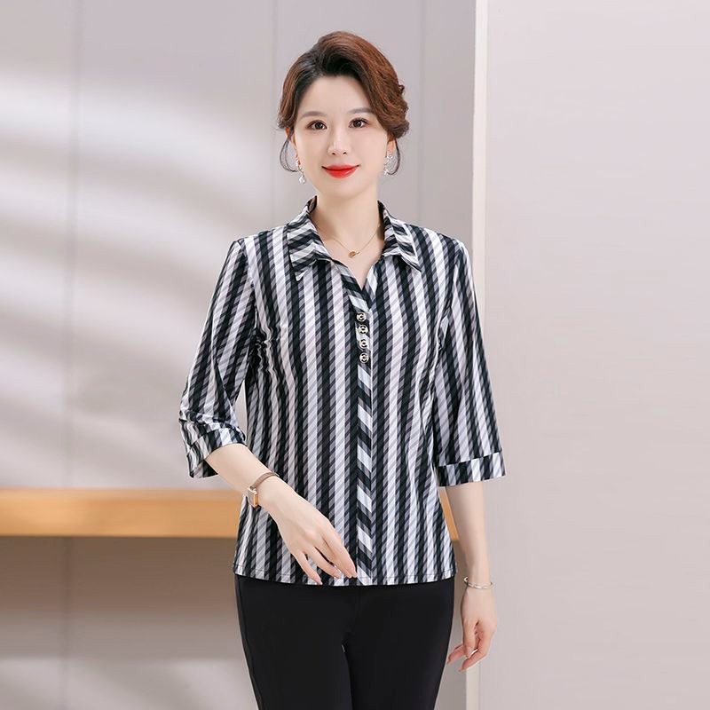 วัยกลางคนสุภาพสตรีลายเสื้อกลางแขนเสื้อสบายๆแม่หลวม ผอมลง ดูด้านบนผลิตภัณฑ์ร้อน150710