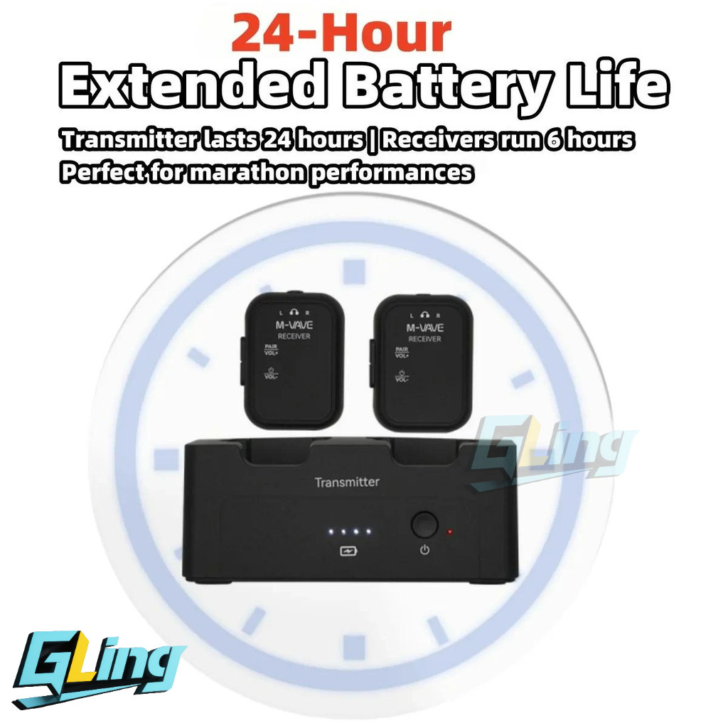 M-VAVE WP-12 หูฟังไร้สายระบบ 2.4GHz 1T2R ระบบ w/Ultra-Latency 24H Playback 1800mAh ชาร์จกรณีรองรับประสิทธิภาพวงดนตรีโฮสต์คําพูด