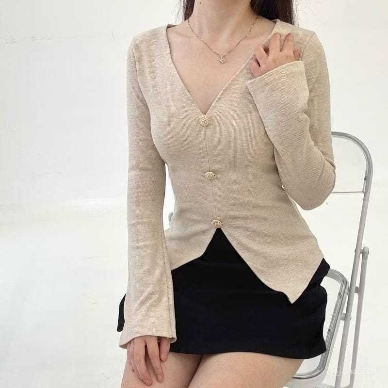 BEFAST - ZER Top NELAM RIB PREMIUM V NECK LONG SLEEVE CASUAL OUTFIT WOMEN / JADE Top Knit Longskid F