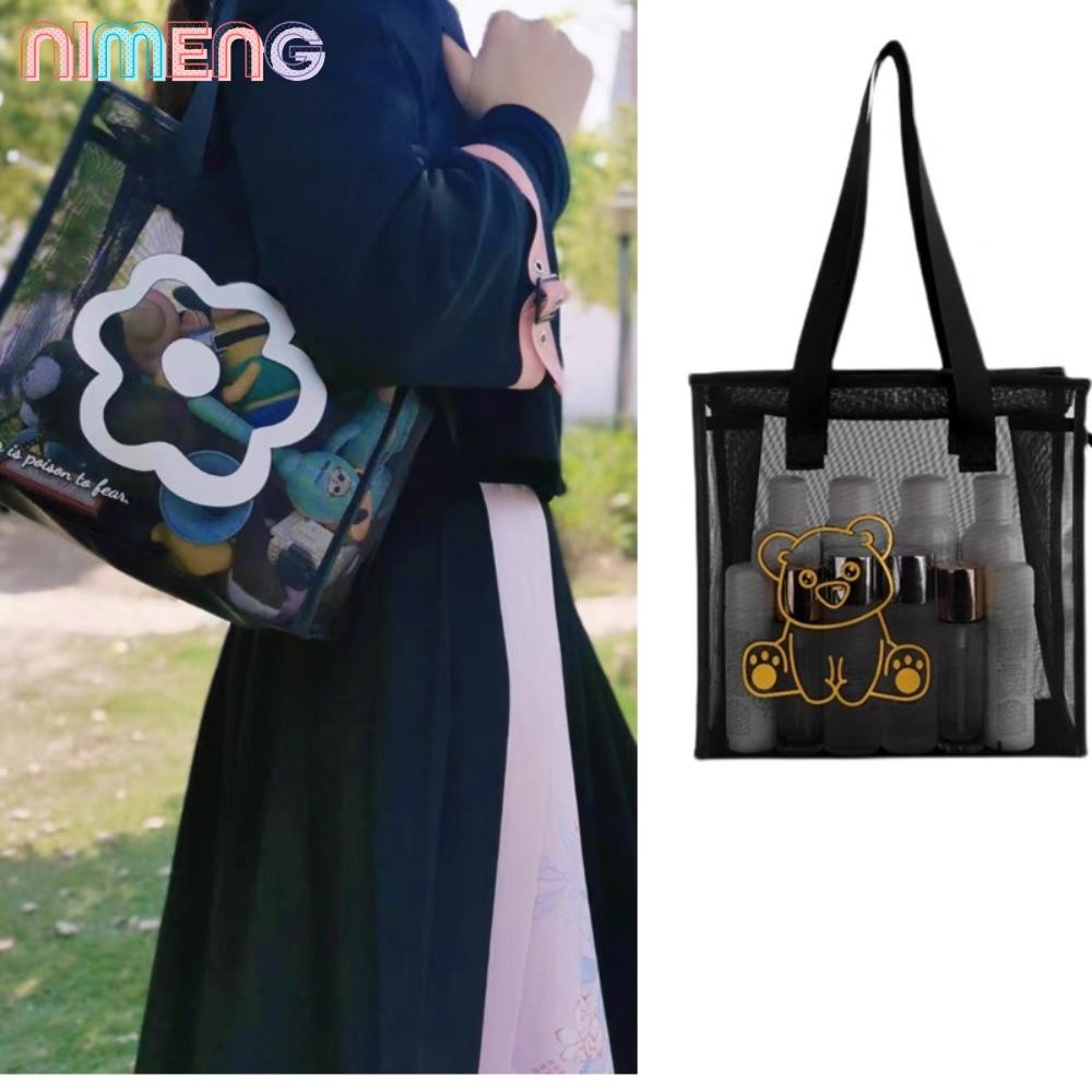 NIMENG Beach Tote Bag ถุง tote พลาสติกโปร่งสำหรับหญิง ทำจากเนยอนเมช มีซิปและลายการ์ตูนดอกไม้