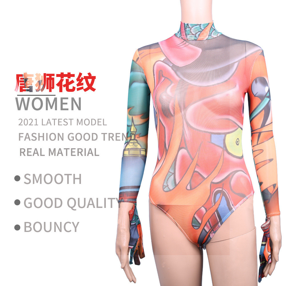 Charm Color GN31 Super Elastic Tattoo Gauze Jumpsuit เซ็กซี่เสื้อแขนยาวคอสูงฐาน