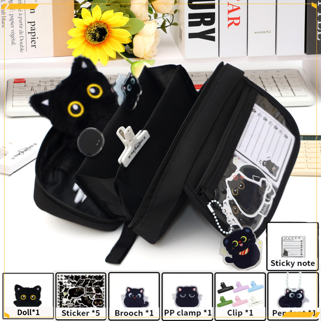 กระเป๋านักเรียน 10 ชั้น Spacious: Volcano Black Cat Pencil Organizer พร้อมปากกว้าง - Unisex สําหรับนักเรียน