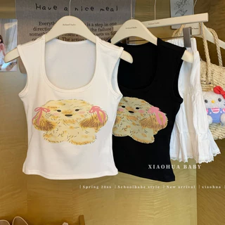 #476 เสื้อกั๊กแขนสั้น ดีไซน์การ์ตูนน่ารักลายลูกสุนัข พร้อมแผ่นฟองน้ำหน้าอก ยืดหยุ่น สไตล์เกาหลี สุดน่ารัก ราคาถูก