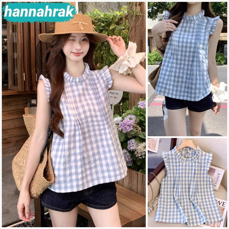 (ส่งจากกรุงเทพฯ) เสื้อเบลาส์ผู้หญิง สีฟ้า เสื้อแขนกุด ลายสก๊อต สไตล์ลำลอง