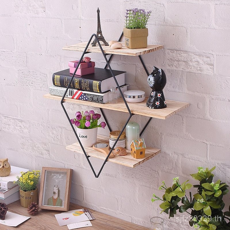 Retro Wall เพชรชั้นวางไม้ชั้นวางหนังสือ Creative Partition Wall Rack Wall Iron Art ไม้ 6Z9O
