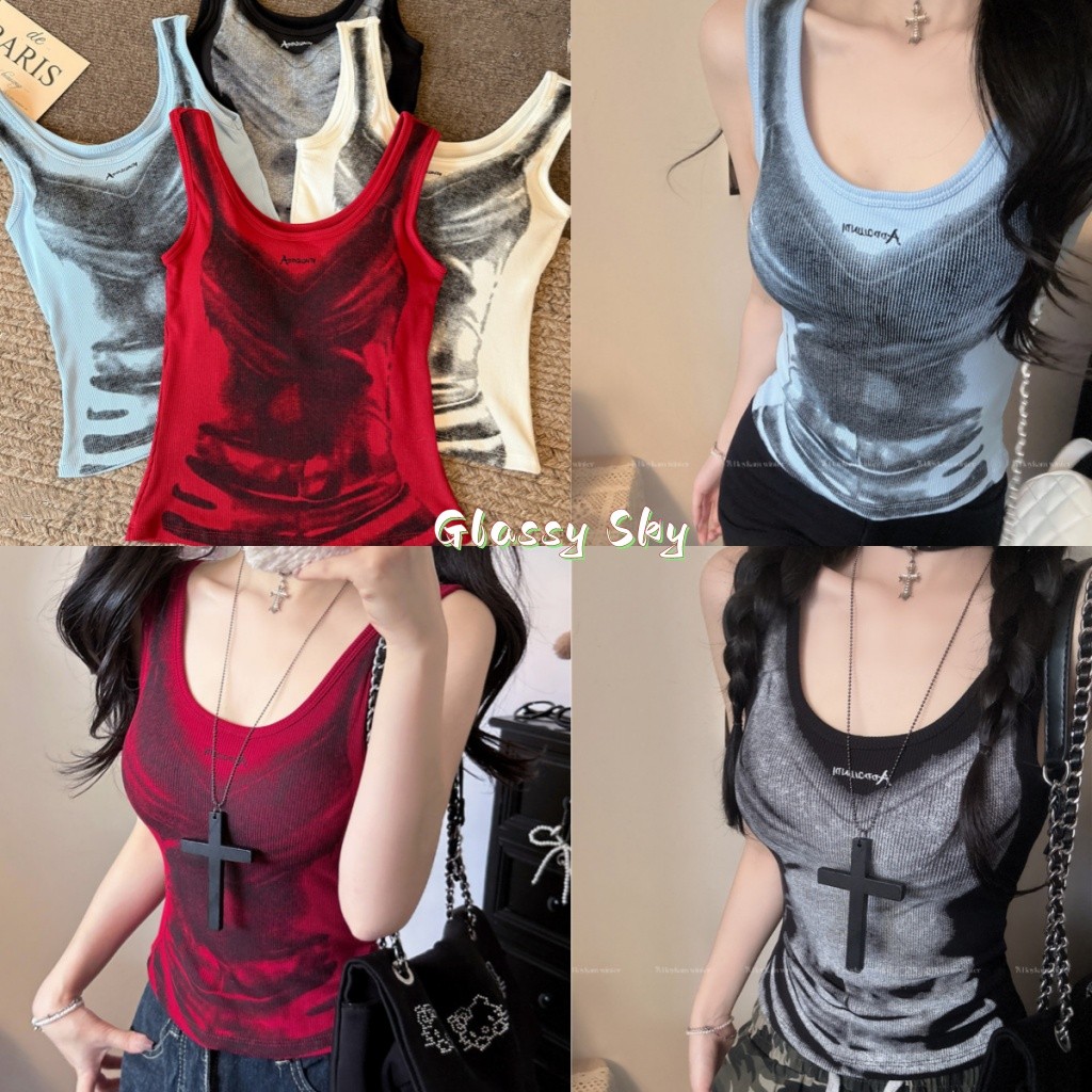 Glassy Sky😜พร้อมส่งเสื้อกล้าม ดีเทลลายเก๋ เสริมฟองน้ำ สีชัดสด ทรงรัดรูปเสื้อกล้ามผู้หญิง