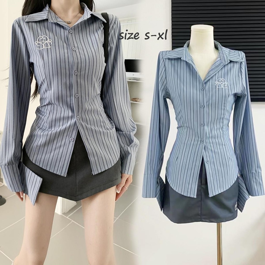 C&T#เสื้อเชิ้ตลายทางแขนยาวปักสำหรับผู้หญิง ทรงเข้ารูป เซ็กซี่และทันสมัย แฟชั่นสไตล์เกาหลี#W486