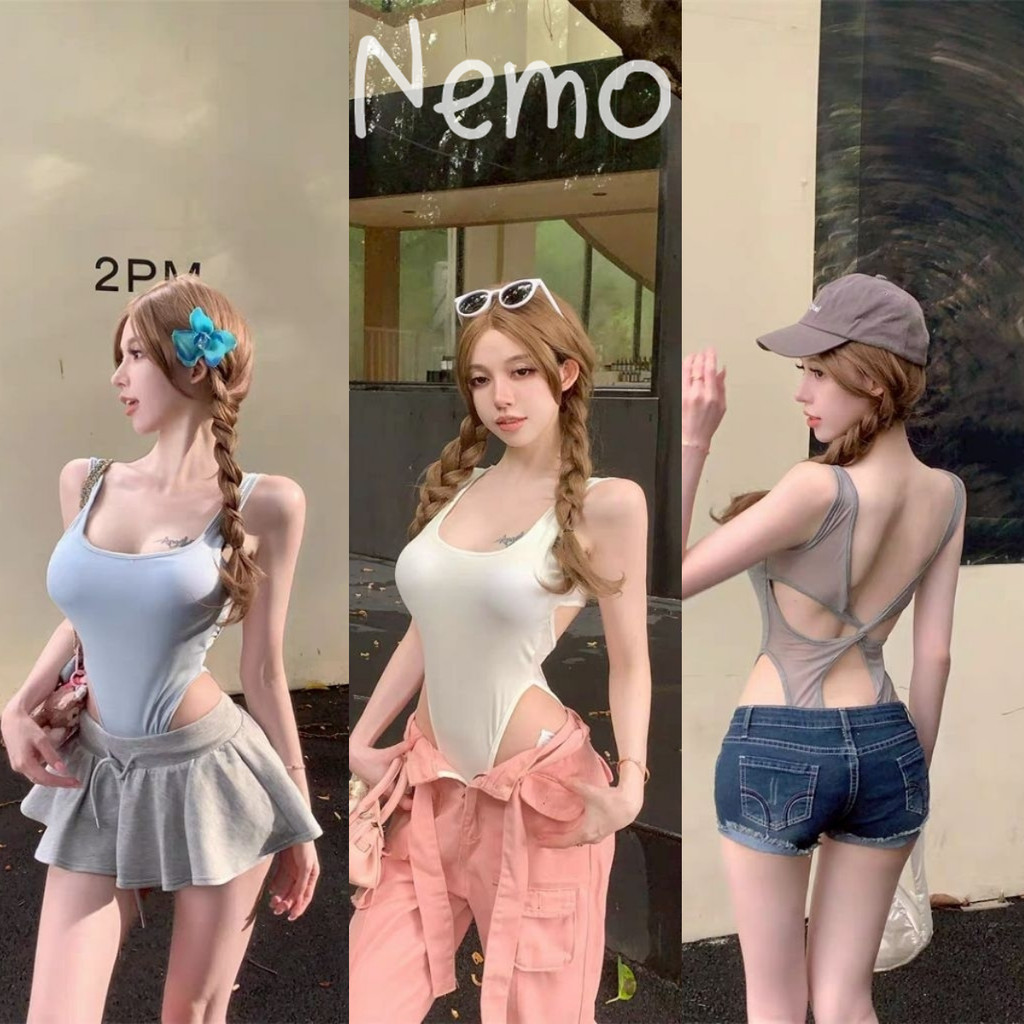 Nemo store🌸#FY940 ชุดบอดี้สูท ดีเทลซีทรูเว้าหลัง ใส่สบายๆ ยืดพิดีสีพาสเทล